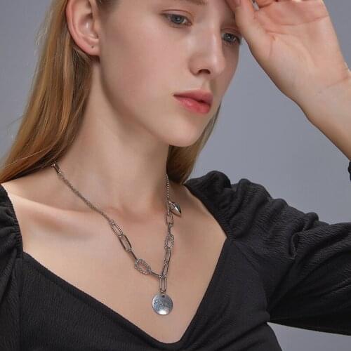 English Letters Necklace Smile Round Geometric Pendant Necklaces Hip Hop Punk Silver Color Clavicle Chain for Women Female