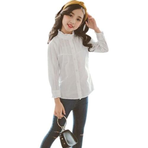 Blouse For Girls Solid Girls White Blouse Full Length Shirts For Girls Spring Autumn Girls School Clothes 6 8 10 12 14 Year