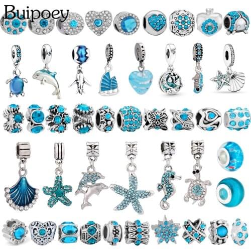 Buipoey Cyan Blue Marine Style Beads Starfish Turtle Dolphin Dangle Charm Pendant Fit DIY Charms Bracelets Jewelry Making Beaded
