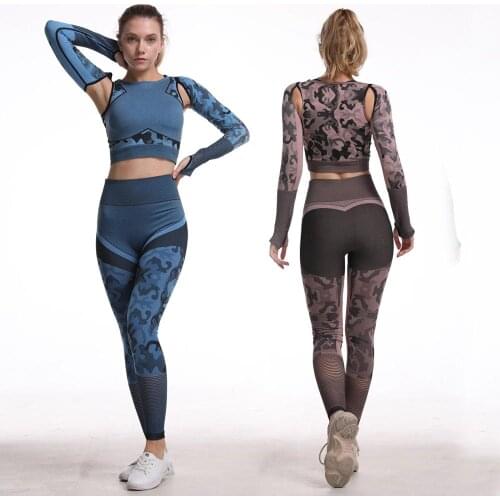 Camouflage Seamless Yoga Set Fitness Sports Suits GYM Cloth Yoga Long Sleeve Shirts High Waist Running Leggings Workout Pants