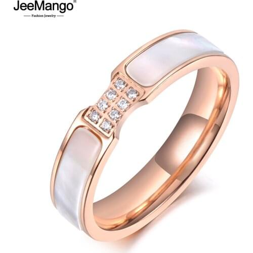 JeeMango Trendy Design Rose Gold CZ Crystal Rhinestone Titanium Steel Shell Wedding Rings For Women Engagement Gifts JR19062