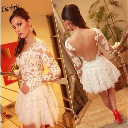 Ivory Long Sleeve Appliques Lace Mini Cocktail Dresses See Through Back Short Prom Party Homecoming Dress