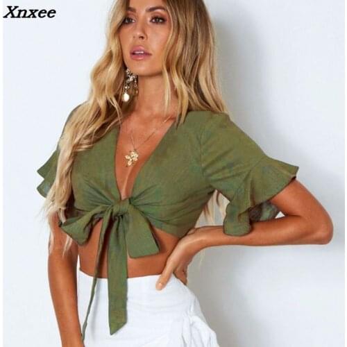 Summer sexy tops women cotton shirt deep V neck t-shirt navel short top ruffles sleeves vintage womens costume Xnxee