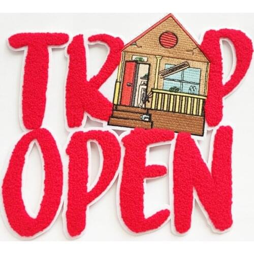 Hot Selling Custom Sewing On DIY Logo TRAP OPEN 22*20CM Chenille Embroidery Patch For Clothing