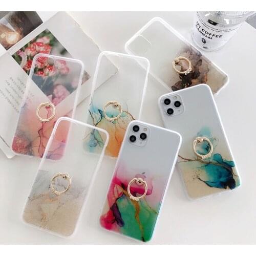 Fashion luxury colorful marble transparent phone holder case For iphone 12 11 Pro XS MAX X XR 7 8 plus SE 2020 cover with ring
