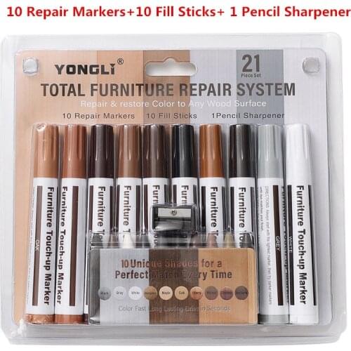 21Pcs Furniture Touch Up Kit Markers & Filler Sticks Wood Scratches Restore Kit Scratch Patch Paint Pen Wood Composite Repair