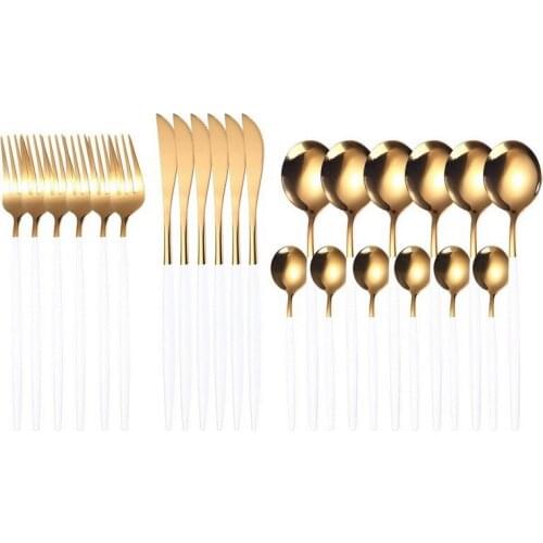 24pcs White Gold Dinnerware Set Stainless Steel Knife Fork Spoon Cutlery Set Kitchen Tableware Set Flatware Set Wholesale