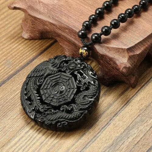 Natural Black Obsidian Carved Chinese Dragon Phenix BaGua Lucky Amulet Pendant With Beads Necklace Fashion Fine Jewelry