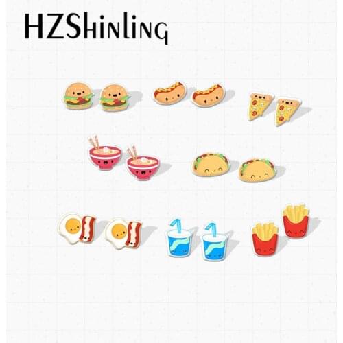 New Kawaii Food Hamburg French Fries Pizza Cartoon Epoxy Acrylic Resin Earrings Cute Fast Food Acrylic Earrings