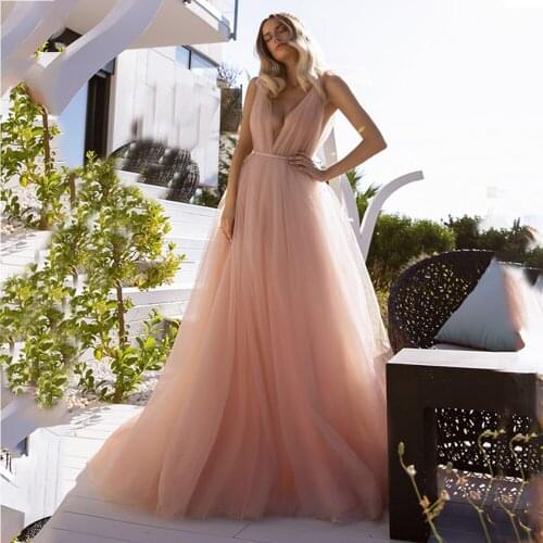 Verngo 2020 Beach Wedding Dress Sexy Plunging V Neck Country Wedding Gowns Soft Tulle Backless Bridal Party Dress Robe Mariage