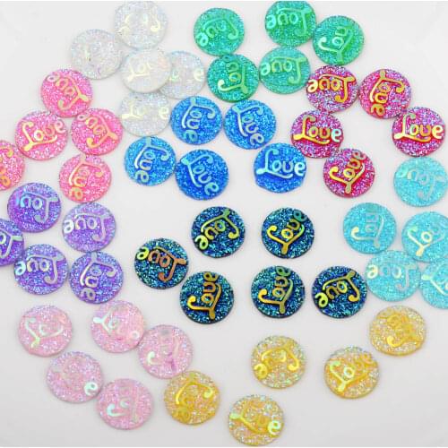 BOLIAO AB Color Rhinestone 40Pcs 12mm (0.47In) Round Shape Mix Color "Love" Resin Bags/Shoes Decoration Glue Not Hole