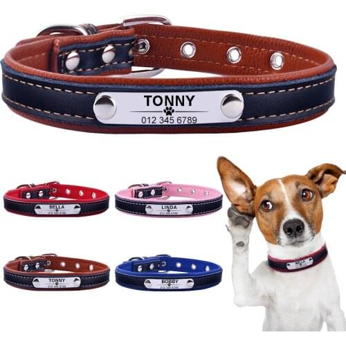 AiruiDog Adjustable Personalized Dog Collar Leather Puppy ID Name Custom Engraved XS-L