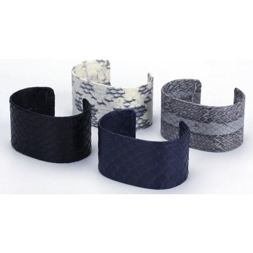 Charm Navy Blue Light Grey Black Dark Gray Genuine Real Snake Leather Wide Wrap Big Open Bangle Cuff For Women Diy Raw Bangle