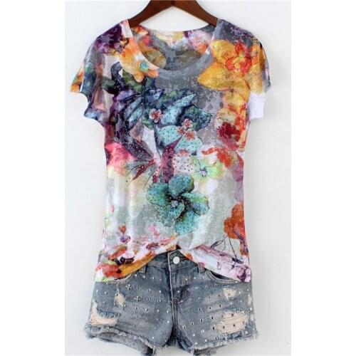 Silk women t-shirts 2019 summer new beaded slim sexy printed diamond top tees outwear fashion lady tops plus size 5XL