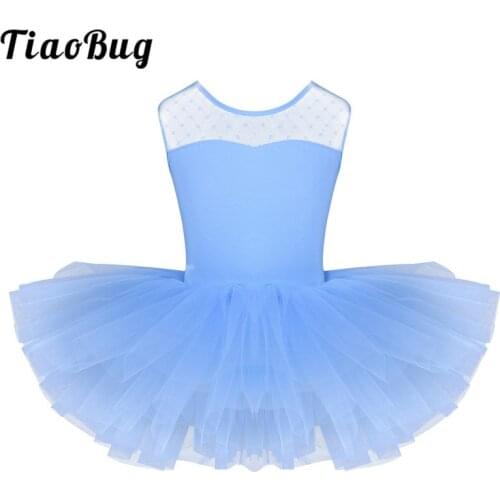 TiaoBug New Children Girls Ballet Tutu Dress Short Sleeve Stretchy Mesh Splice Dance Leotard Dress Kids Stage Swan Dance Costume