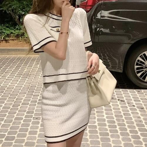 Two Piecec Suit Knitting Blouse Mini Skirt Korean Summer Ice Silk High Temperament Round Collar Jacket Package Hip Thin Skirts