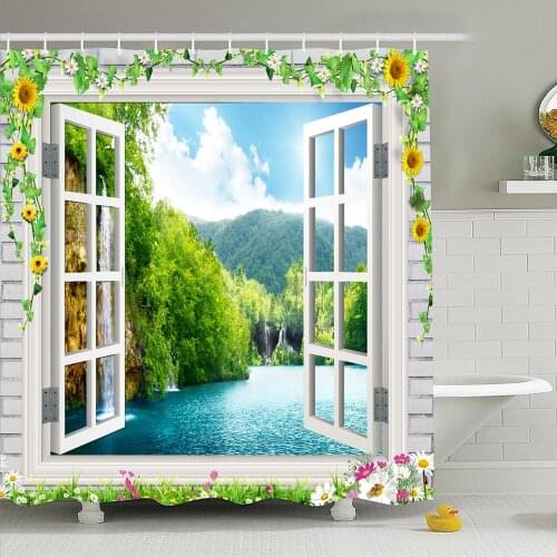 Simulation 3D Seaview Natural Scenery Waterproof Shower Curtain Drapes Polyester Fabric Bathroom Curtain Toilet with Hooks