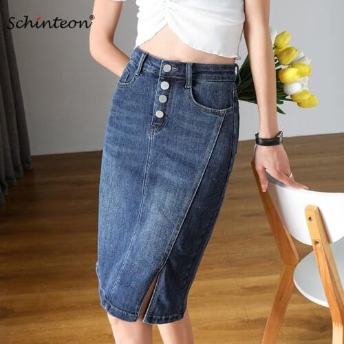 Schinteon Women Denim A-lined Skirt Jeans High Waist Big Size Pencil Spilt Office Lady Skirt Spring Summer 2021 New S-9XL