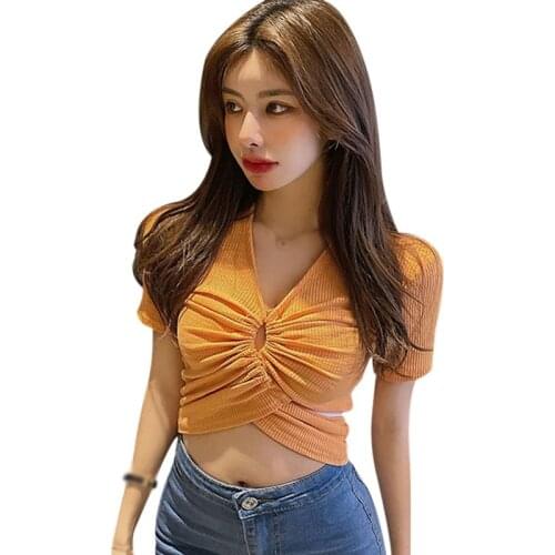 Womens Fashion V-Neck Blouses Korean Style Navel Sexy Slim Short Sleeve Summer Ladies Shirt Tops