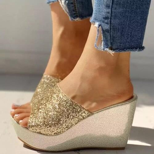 Women Wedge Slippers Pumps Bling High Heel Ladies Mules Golden Wedding Party Platform Shoes Peep Toe Wedges Women Slippers