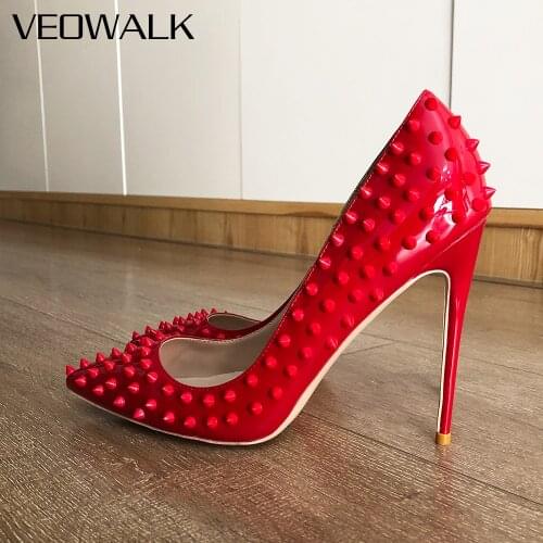 Veowalk All Red Women Sexy Stilettos High Heels with Spikes Pointy Toe Slip On Pumps Chic Ladies Party Dress Shoes 12/10/8cm