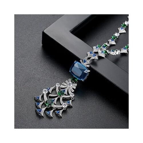 Luxury Elegant Blue Squre Stone Fan Shaped Full Paved Long Sweater Pendant Necklace 70cm For Women Accessories Wedding Bridal
