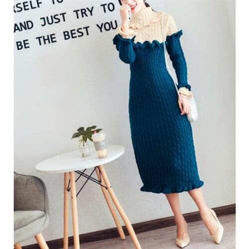 Sweater Slim Dress 2020 Autumn Winter New Retro Elegant Large Lapel Collar Color Matching Thin Temperament Long Sleeve Dress