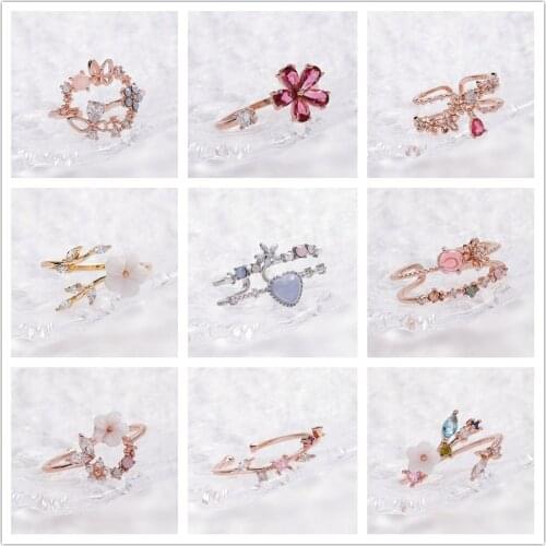 MWsonya 2020 Korean Sweet Heart Crystal Flower Cubic Zircon Adjustable Rings for Women Fashion Waterdrop Crystal Party Jewelry