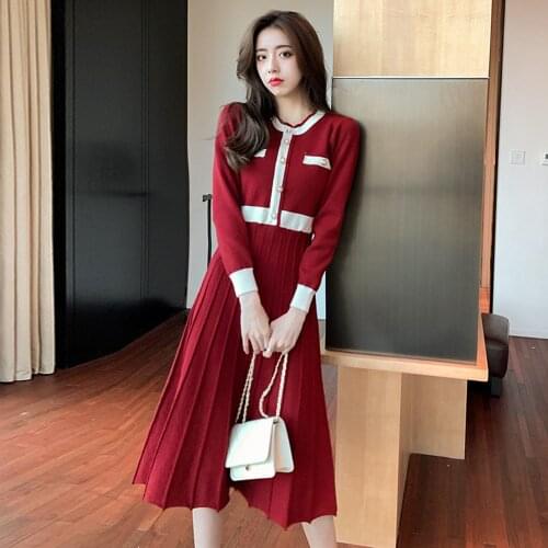 Spring autumn Vintage Knitted Long Dress Women Long Sleeve O-neck Buttons Dresses Korean Fashion Ladies Pleated Vestidos Mujer