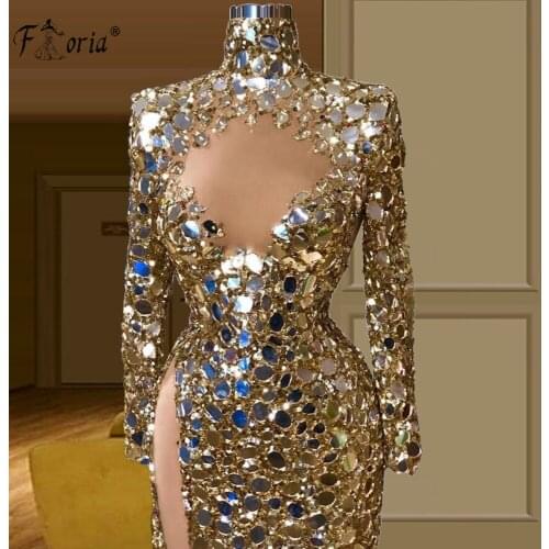 Vestidos De Noche Arabic Gold Crystals Evening Dresses 2021 Sparkly Dubai Long Sleeve Prom Gown Celebrity Party Dress Gorgeous