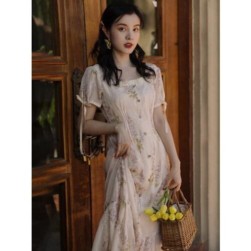 French Gentle Style Vintage Womens Dress 2021 Summer New Square Neck Ruffled Elegant Bow Sweet Chiffon Print Dresses