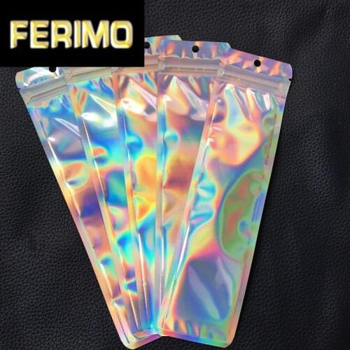 100pcs Holographic Storage Flat Zip Lock Bags Laser Mylar Foil Pouch One Side Clear Reusable Cosmetic Package Bag with Hang Hole