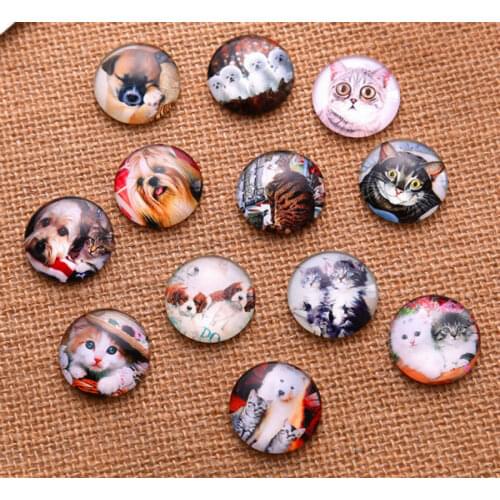 24pcs 10MM 12MM 14MM 16MM Cat Dog Pattern Round Handmade Photo Glass Cabochons & Glass Dome Cover Pendant Cameo Settings