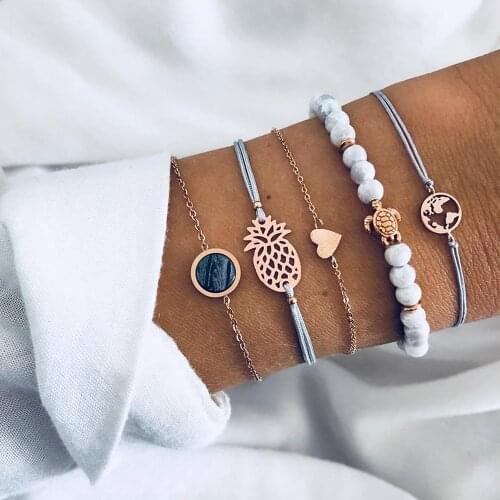 5 Pcs/Set Women Fashion Beach Peach Heart Turtle Pineapple Beads Bracelet Set Bohemian Vintage Jewelry Accessories