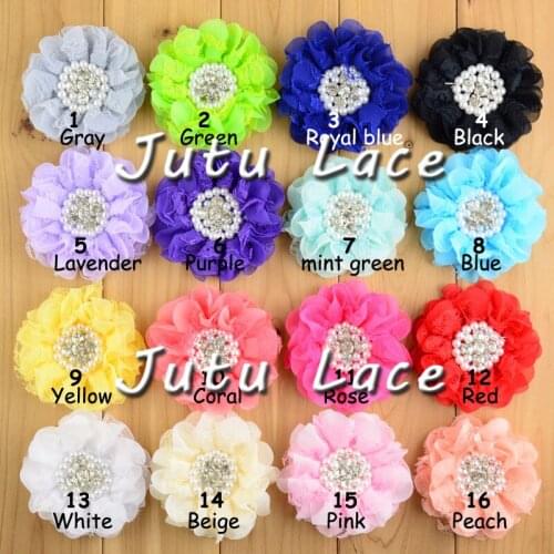 50 pcs/lot , shabby chiffon flowers with rhinestone , pearl chiffon flowers for headband