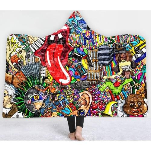 Customized graffiti 3D printing plush hooded blanket for adults and children to keep warm at home picnic wearable fleece blanket