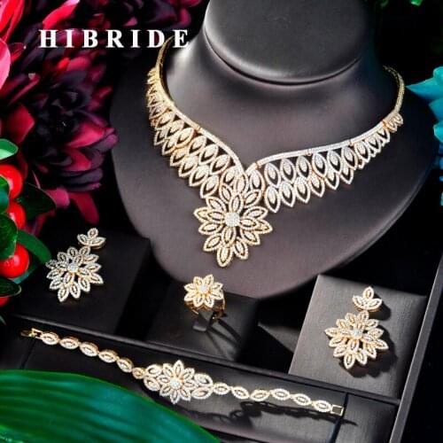 HIBRIDE Fashion Big Flower Gold Color Nigerian Wedding Cubic Zircon Necklace Dubai 4PCS Dress Jewelry Set For Party Gifts N-827