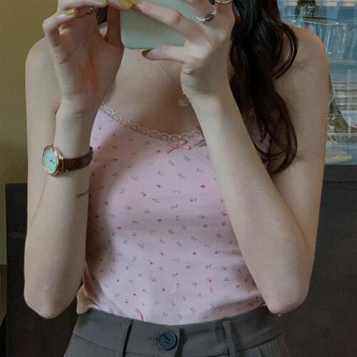 8 Colors Korean Ins Style Camisole Women Sexy top Summer Sleeveless Slim Crop Tops Lace Floral Print Bow Spaghetti Strap