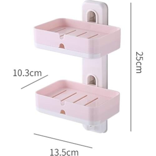 Soap Box, Wall-Mounted Double-Layer Soap Holder Commodity Shelf, White/Gray/Pink/Blue