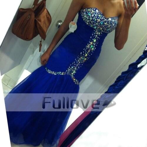 Fashion Sweetheart Crystal Beaded Mermaid Evening Dresses Long 2019 Off The Shoulder Royal Blue Tulle Formal Party Gown Vestidos