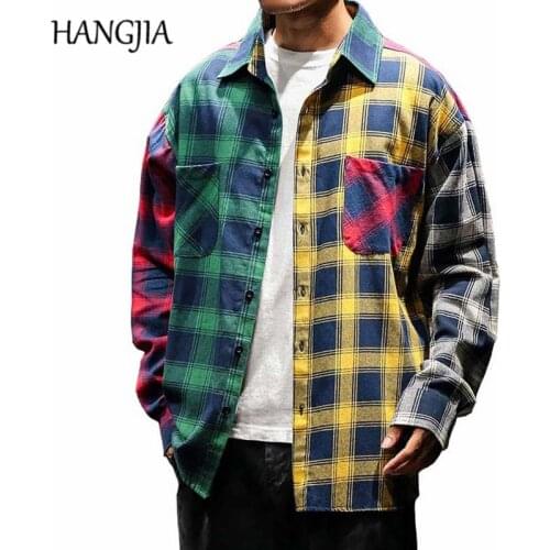 2020 Vintage Plaid Colorblock Shirts Mens Fashion Long Sleeve Patchwork Tartan Shirt Men Hip Hop Casual Urban Clothing