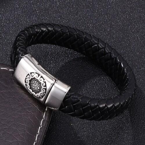 New Black Leather Bracelet for Men Flower Pattern Stainless Steel Magnetic Buckle Braided Bracelets Hand-Woven Jewelry Gifts
