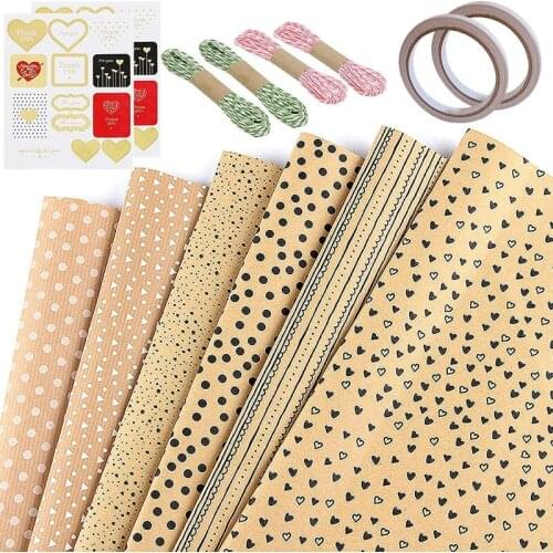 New Kraft Wrapping Paper Set,12 Sheets Brown Gift Wrap Paper Multi Pattern Lattice Wave Dot Stripe For Holiday Wedding Wrap