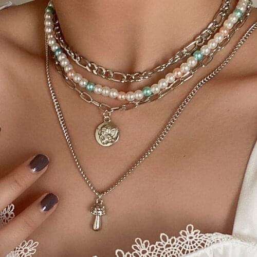 4Pcs/Set Y2K Colorful Imitation pearls Choker Necklace Set for Female Punk Mushroom with Angel Pendant Necklace Party Jewelry