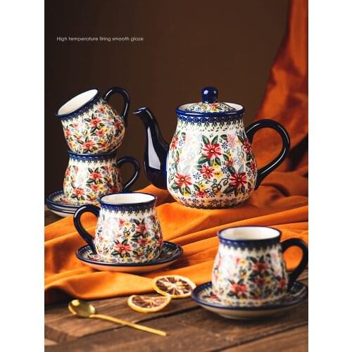 Poland Series Water Appliance Suit Wood Tray Retro Royal Ceramic Coffee Tea Set Teapot 4 People Cup Saucers
