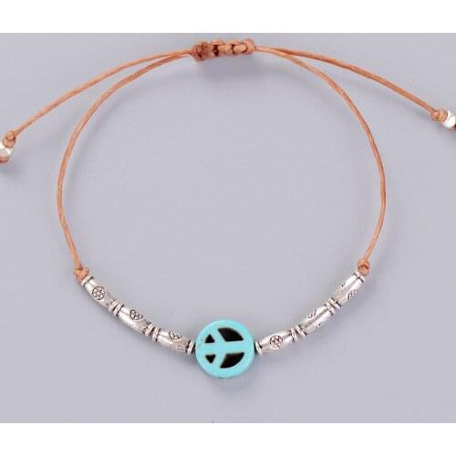 Simple Bracelet Handmade Boho Peace Sign Charm Metal Beads Adjustable Bracelet Birthday Gift Friendship Bead Bracelet