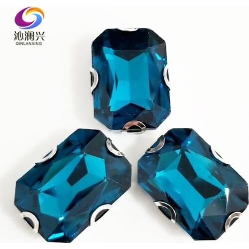 Peacock blue Rectangle octagonal shape Glass Crystal sew on Anti hook D shape claw rhinestones,Diy Clothing accessories SWCD13