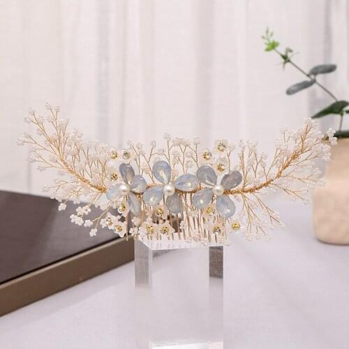 Bridal hair accessories handmade crystal hair comb wedding tiara hair accessories ladies golden flower headdress 30805