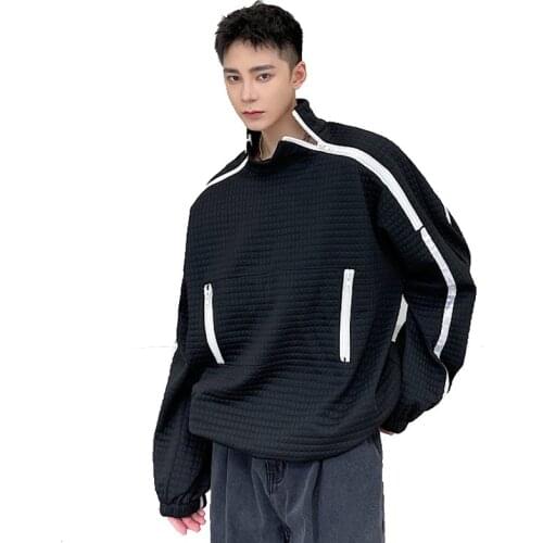 Sweatshirt for Men Women Double Zipper Long Sleeve Stand Collar Streetwear Vintage Casual Loose Plaid Pullover Sweatshirts Male