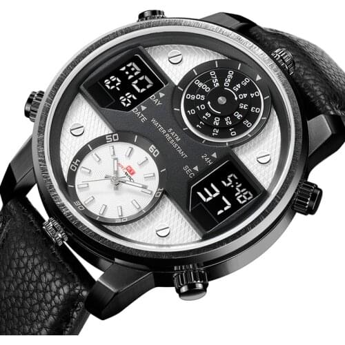 Unique Large Watch Men 3 Time Display Digital Quartz Clock Military Sports Watches Casual Leather Strap Wristwatch Male Reloj
